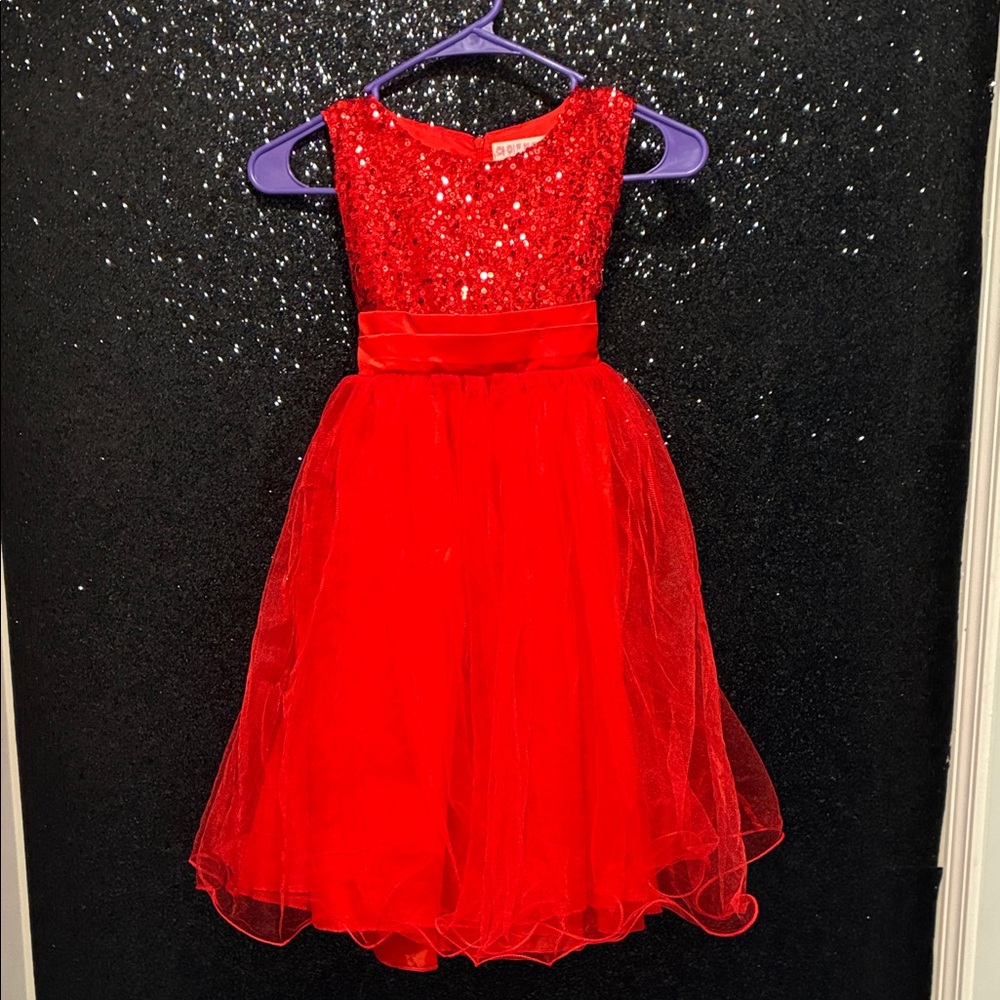 Girls Red Sequin Tulle Party Dress